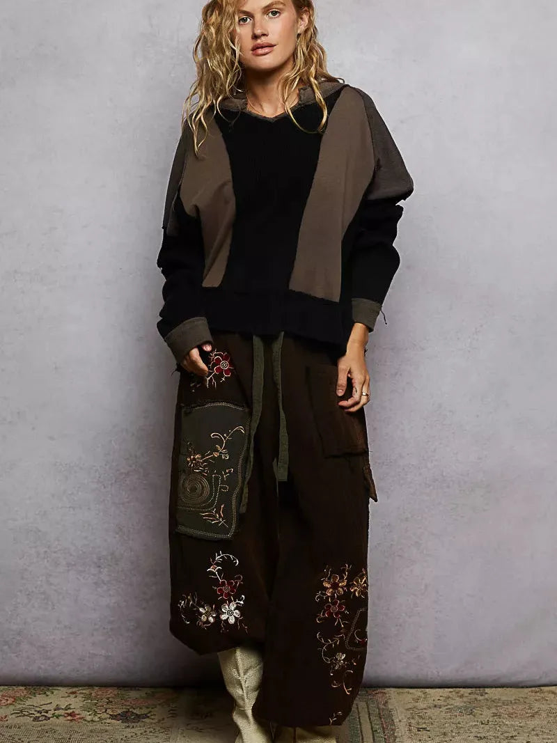 POL Mocha Muse Waffle Knit Raw Hem Color Block Sweatshirt-Women's Shirts & Tops-Shop Z & Joxa