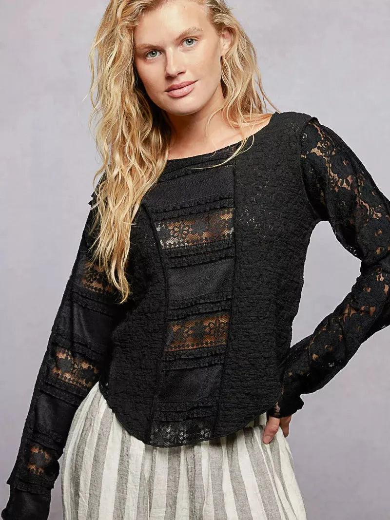POL Moonlace Muse Long Sleeve Lace Detail Top in Black-Women's Shirts & Tops-Shop Z & Joxa