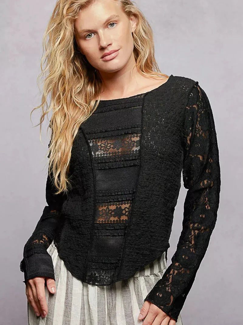 POL Moonlace Muse Long Sleeve Lace Detail Top in Black-Women's Shirts & Tops-Shop Z & Joxa