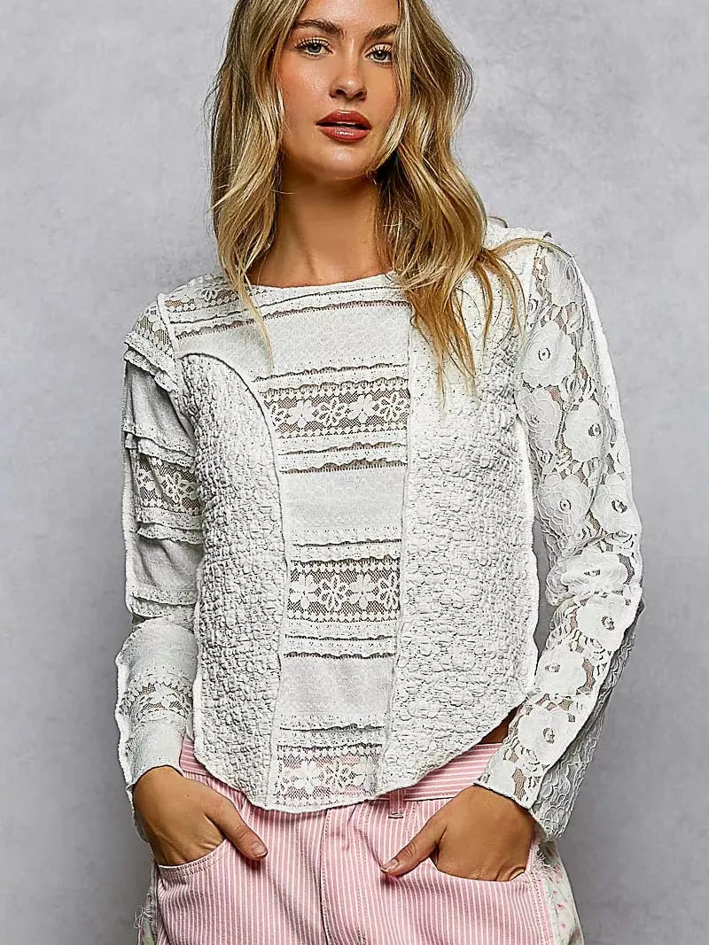 POL Moonlace Muse Long Sleeve Lace Detail Top in Off White-Women's Shirts & Tops-Shop Z & Joxa