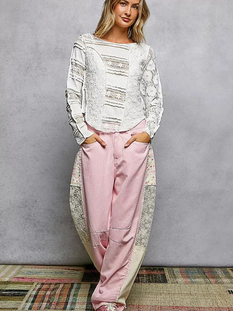 POL Moonlace Muse Long Sleeve Lace Detail Top in Off White-Women's Shirts & Tops-Shop Z & Joxa