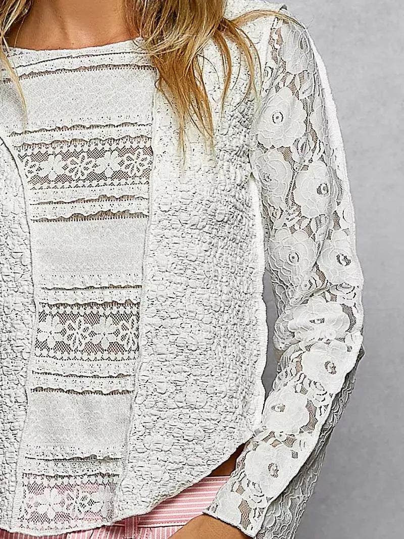 POL Moonlace Muse Long Sleeve Lace Detail Top in Off White-Women's Shirts & Tops-Shop Z & Joxa