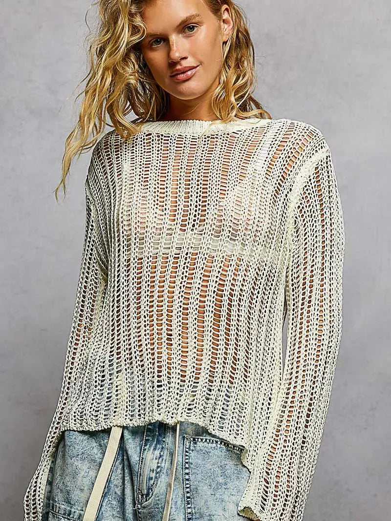 POL Morning Haze Long Sleeve Sheer Knit Cover Up-Women's Shirts & Tops-Shop Z & Joxa