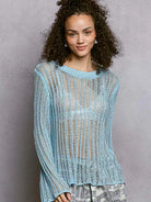 POL Morning Haze Long Sleeve Sheer Knit Cover Up in Blue-Women's Shirts & Tops-Shop Z & Joxa