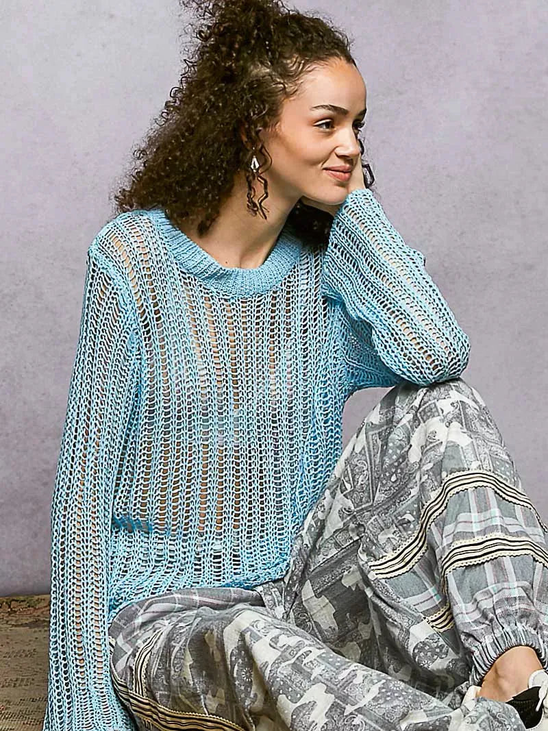 POL Morning Haze Long Sleeve Sheer Knit Cover Up in Blue-Women's Shirts & Tops-Shop Z & Joxa