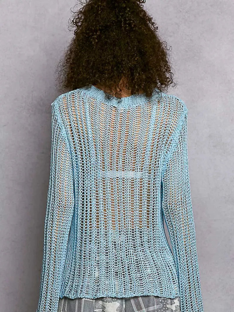 POL Morning Haze Long Sleeve Sheer Knit Cover Up in Blue-Women's Shirts & Tops-Shop Z & Joxa