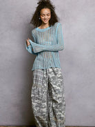 POL Morning Haze Long Sleeve Sheer Knit Cover Up in Blue-Women's Shirts & Tops-Shop Z & Joxa