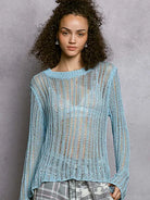 POL Morning Haze Long Sleeve Sheer Knit Cover Up in Blue-Women's Shirts & Tops-Shop Z & Joxa