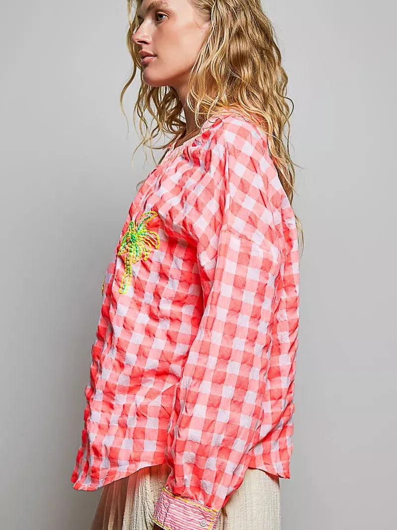 POL Paradise Plaid Gingham Embroidered Palm Tree Blouse-Women's Shirts & Tops-Shop Z & Joxa