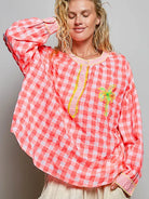 POL Paradise Plaid Gingham Embroidered Palm Tree Blouse-Women's Shirts & Tops-Shop Z & Joxa