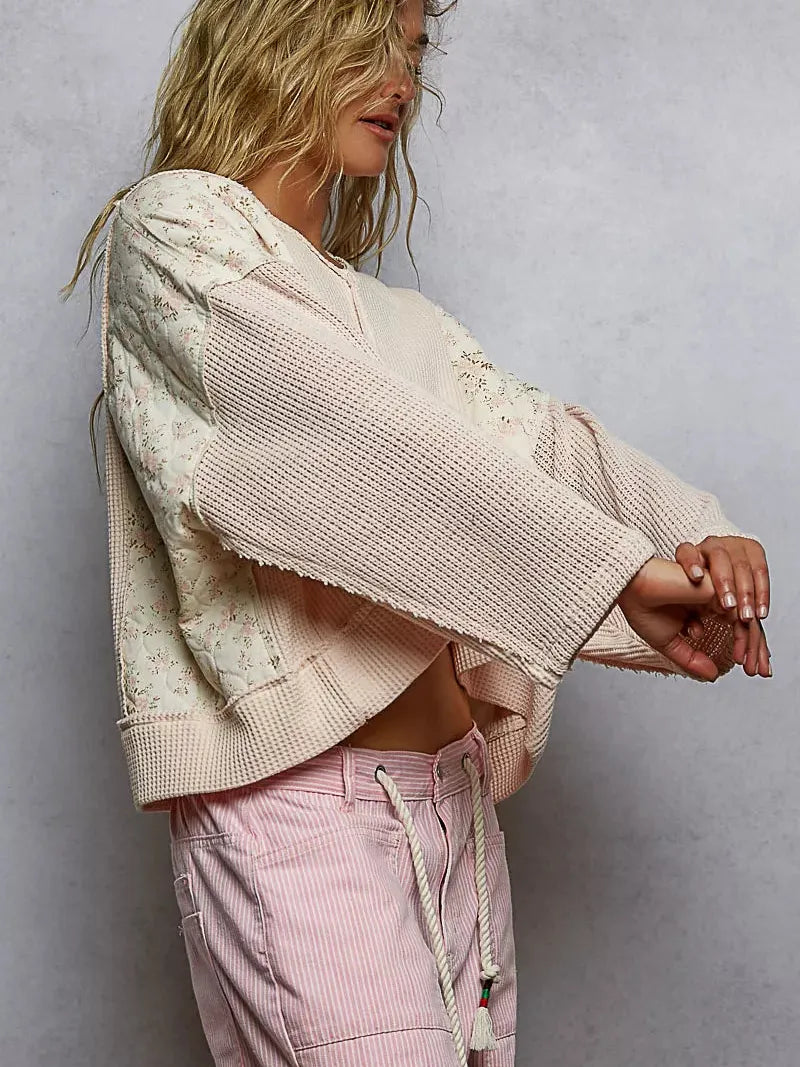POL Patchwork Petal Quilted Floral Knit Crop Top in Blush-Women's Shirts & Tops-Shop Z & Joxa