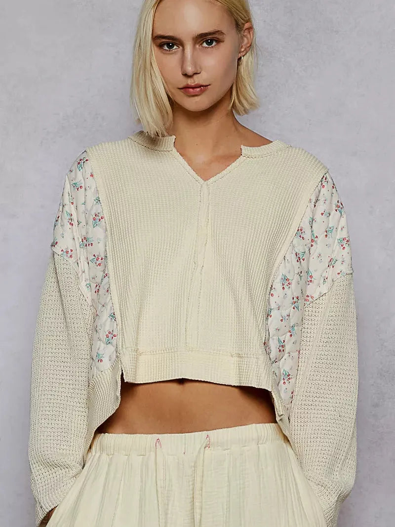 POL Patchwork Petal Quilted Floral Knit Crop Top in Cream-Women's Shirts & Tops-Shop Z & Joxa