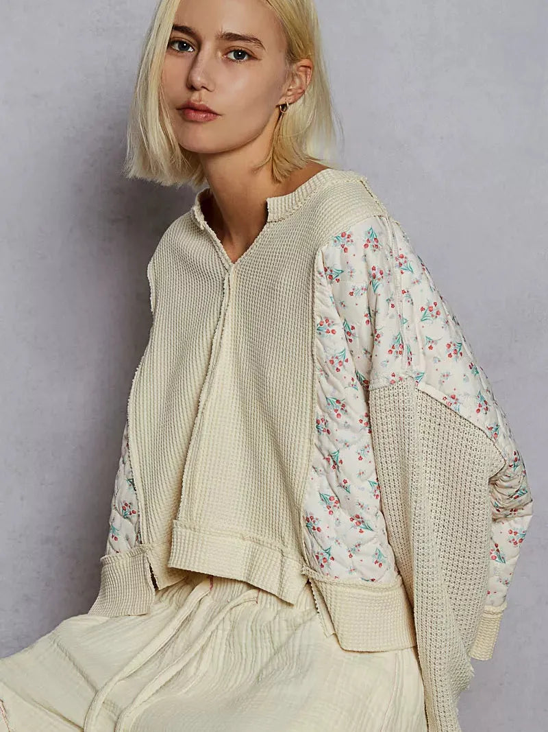 POL Patchwork Petal Quilted Floral Knit Crop Top in Cream-Women's Shirts & Tops-Shop Z & Joxa