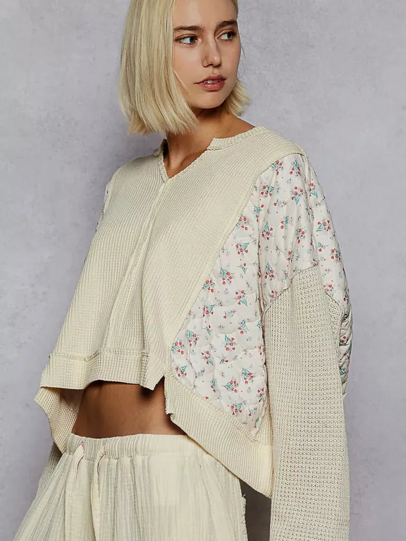 POL Patchwork Petal Quilted Floral Knit Crop Top in Cream-Women's Shirts & Tops-Shop Z & Joxa
