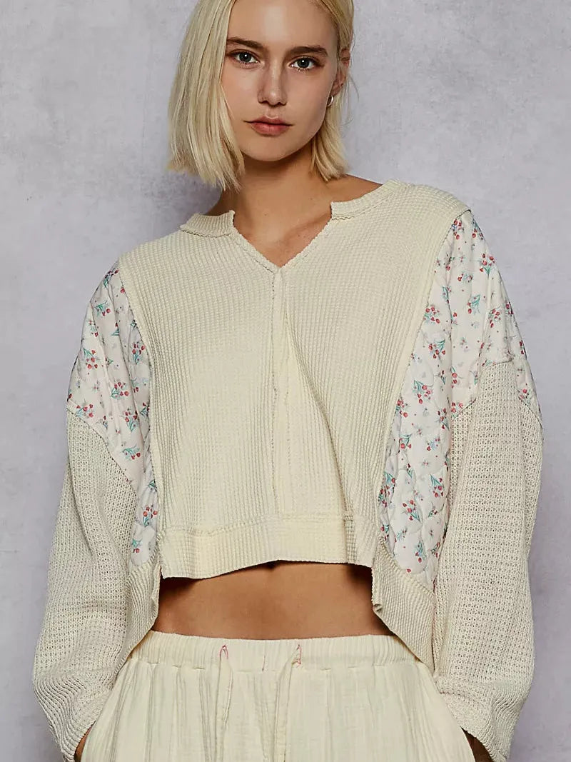 POL Patchwork Petal Quilted Floral Knit Crop Top in Cream-Women's Shirts & Tops-Shop Z & Joxa