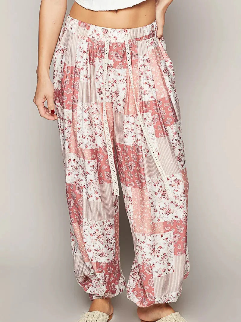 POL Patchwork Poetry Drawstring Floral Wide leg Pants-Women's Pants-Shop Z & Joxa
