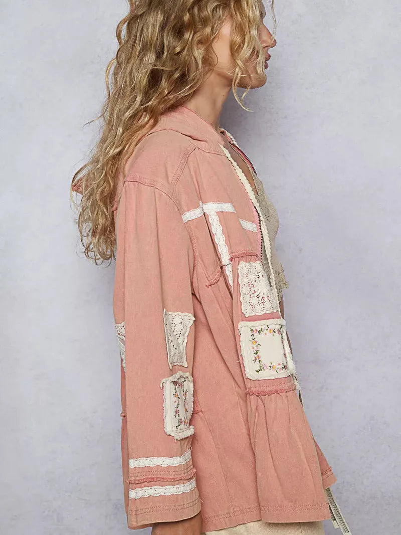 POL Patchwork Pulse Hooded Jacket with Lace Detail in Pink-Women's Outerwear-Shop Z & Joxa