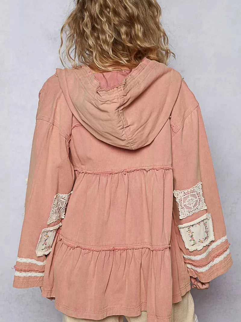 POL Patchwork Pulse Hooded Jacket with Lace Detail in Pink-Women's Outerwear-Shop Z & Joxa