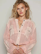 POL Peach Drift Textured Button up Cropped Hooded Shirt-Women's Shirts & Tops-Shop Z & Joxa