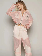 POL Peach Drift Textured Button up Cropped Hooded Shirt-Women's Shirts & Tops-Shop Z & Joxa