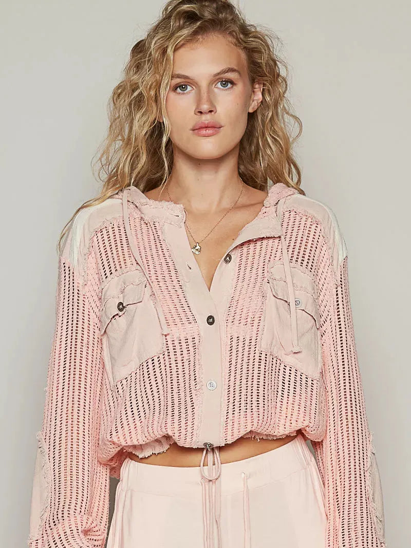 POL Peach Drift Textured Button up Cropped Hooded Shirt-Women's Shirts & Tops-Shop Z & Joxa