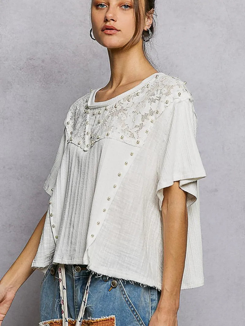 POL Pearl Linen Charm Pearl Stud Shirt with Linen & Lace-Women's Shirts & Tops-Shop Z & Joxa