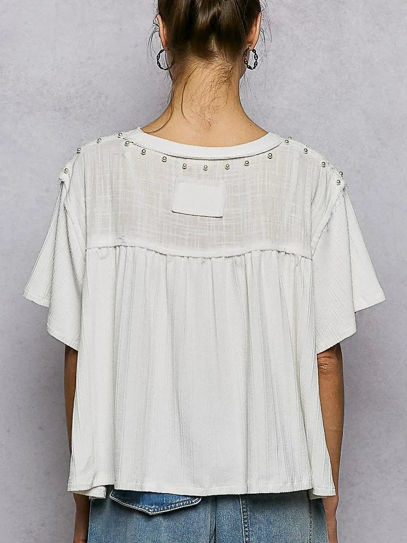 POL Pearl Linen Charm Pearl Stud Shirt with Linen & Lace-Women's Shirts & Tops-Shop Z & Joxa