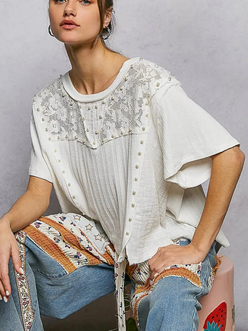 POL Pearl Linen Charm Pearl Stud Shirt with Linen & Lace-Women's Shirts & Tops-Shop Z & Joxa