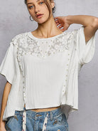 POL Pearl Linen Charm Pearl Stud Shirt with Linen & Lace-Women's Shirts & Tops-Shop Z & Joxa