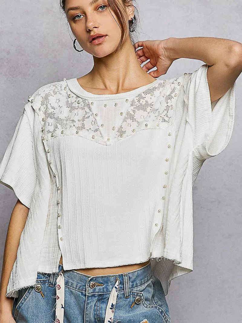 POL Pearl Linen Charm Pearl Stud Shirt with Linen & Lace-Women's Shirts & Tops-Shop Z & Joxa