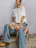 POL Pearl Linen Charm Pearl Stud Shirt with Linen & Lace-Women's Shirts & Tops-Shop Z & Joxa