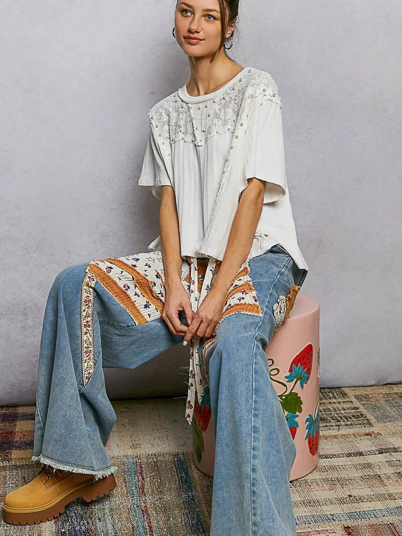 POL Pearl Linen Charm Pearl Stud Shirt with Linen & Lace-Women's Shirts & Tops-Shop Z & Joxa