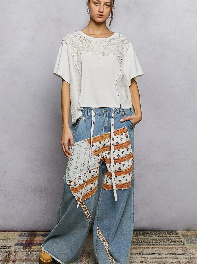 POL Pearl Linen Charm Pearl Stud Shirt with Linen & Lace-Women's Shirts & Tops-Shop Z & Joxa