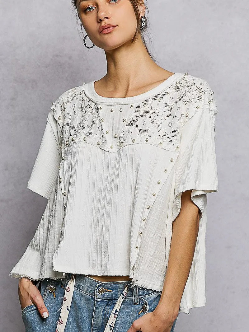 POL Pearl Linen Charm Pearl Stud Shirt with Linen & Lace-Women's Shirts & Tops-Shop Z & Joxa