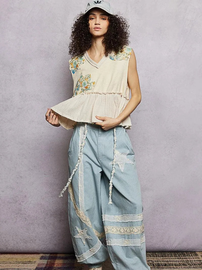 POL Petal Patch Sleeveless Ruffled Top with Raw Edge Detail-Women's Shirts & Tops-Shop Z & Joxa