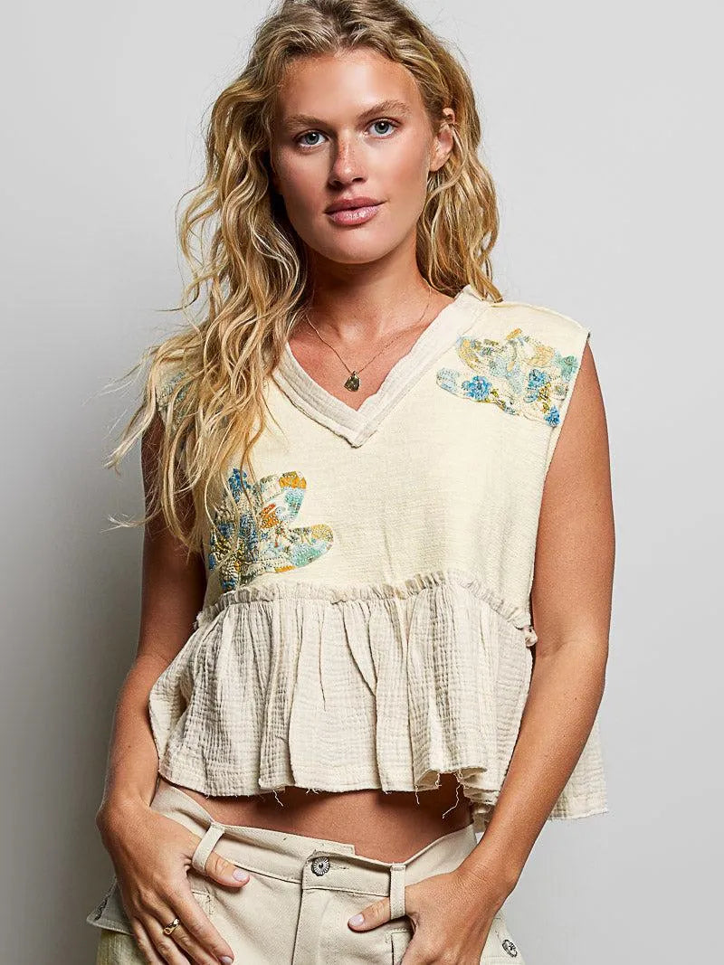 POL Petal Patch Sleeveless Ruffled Top with Raw Edge Detail-Women's Shirts & Tops-Shop Z & Joxa