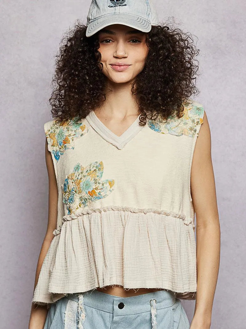 POL Petal Patch Sleeveless Ruffled Top with Raw Edge Detail-Women's Shirts & Tops-Shop Z & Joxa