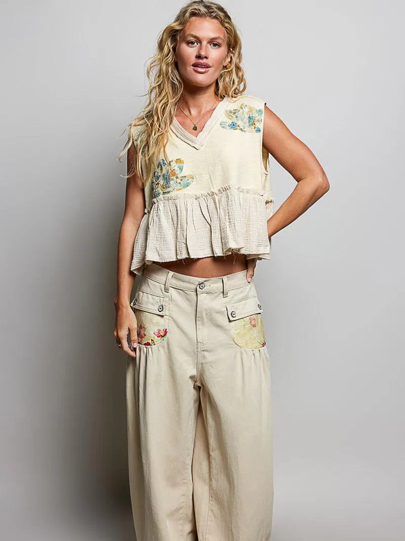 POL Petal Patch Sleeveless Ruffled Top with Raw Edge Detail-Women's Shirts & Tops-Shop Z & Joxa