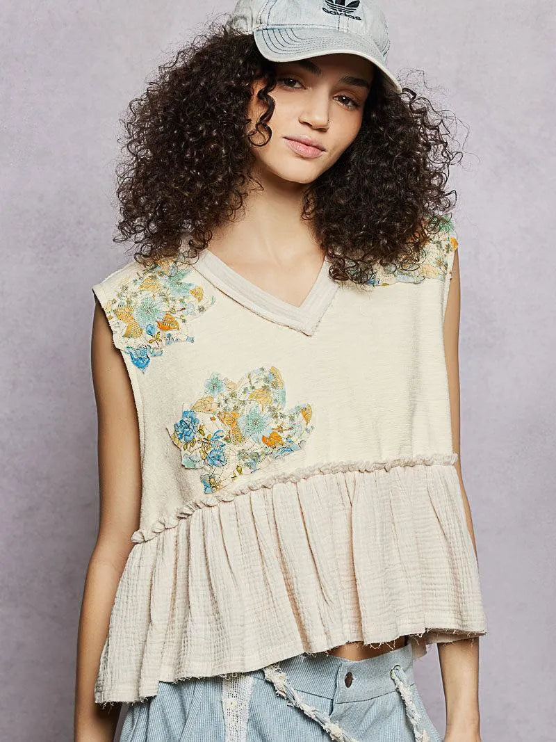 POL Petal Patch Sleeveless Ruffled Top with Raw Edge Detail-Women's Shirts & Tops-Shop Z & Joxa