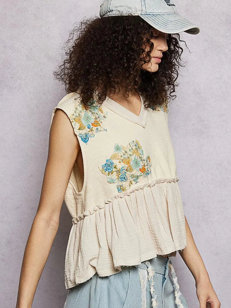 POL Petal Patch Sleeveless Ruffled Top with Raw Edge Detail-Women's Shirts & Tops-Shop Z & Joxa