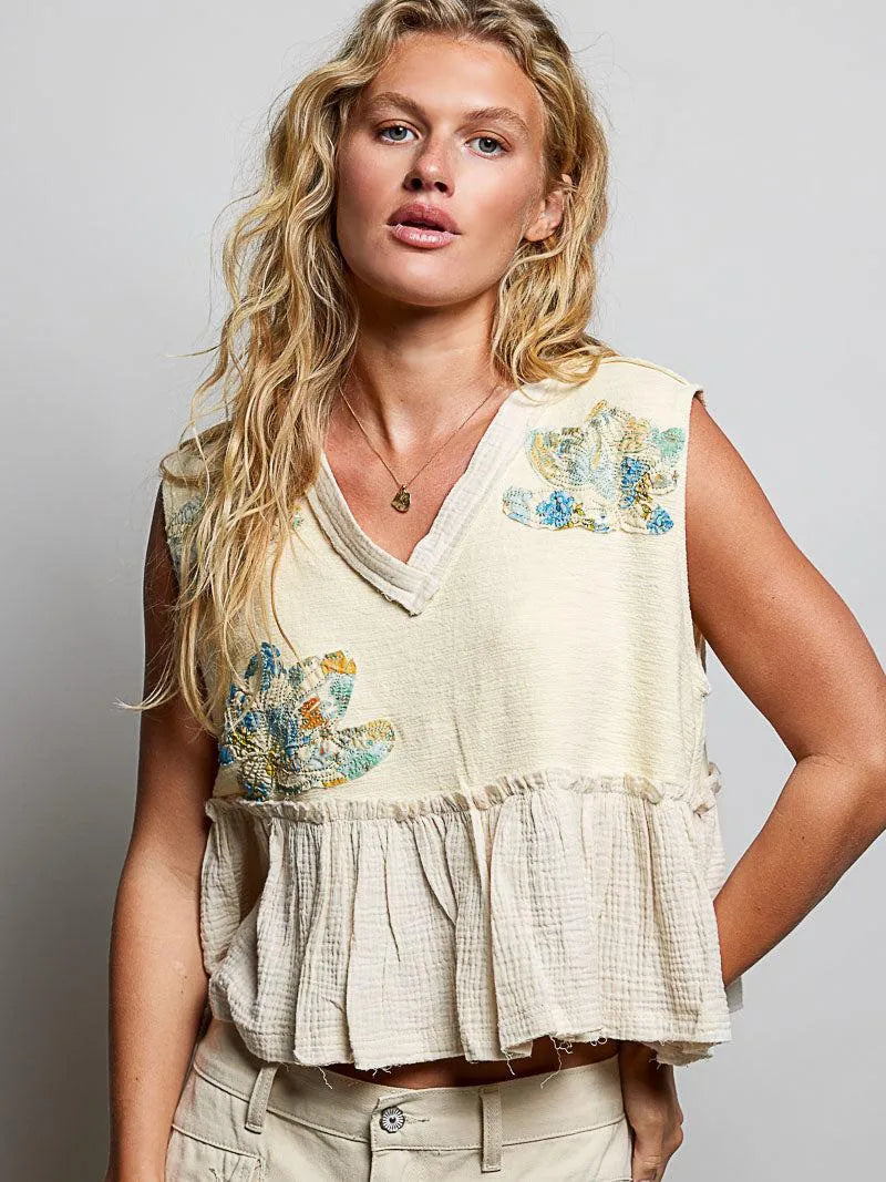 POL Petal Patch Sleeveless Ruffled Top with Raw Edge Detail-Women's Shirts & Tops-Shop Z & Joxa