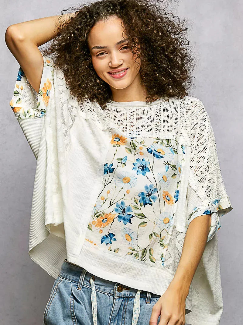 POL Petals Unfinished Patchwork Floral Lace Blouse in Ivory-Women's Shirts & Tops-Shop Z & Joxa