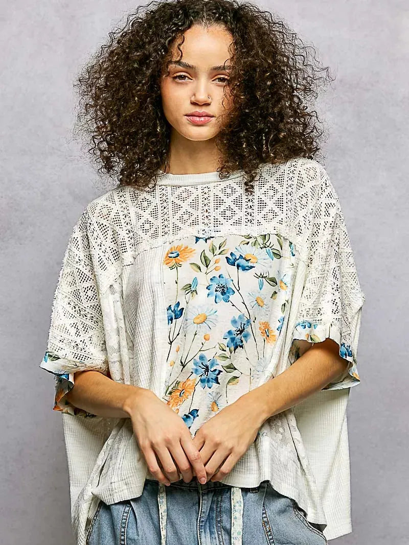 POL Petals Unfinished Patchwork Floral Lace Blouse in Ivory-Women's Shirts & Tops-Shop Z & Joxa