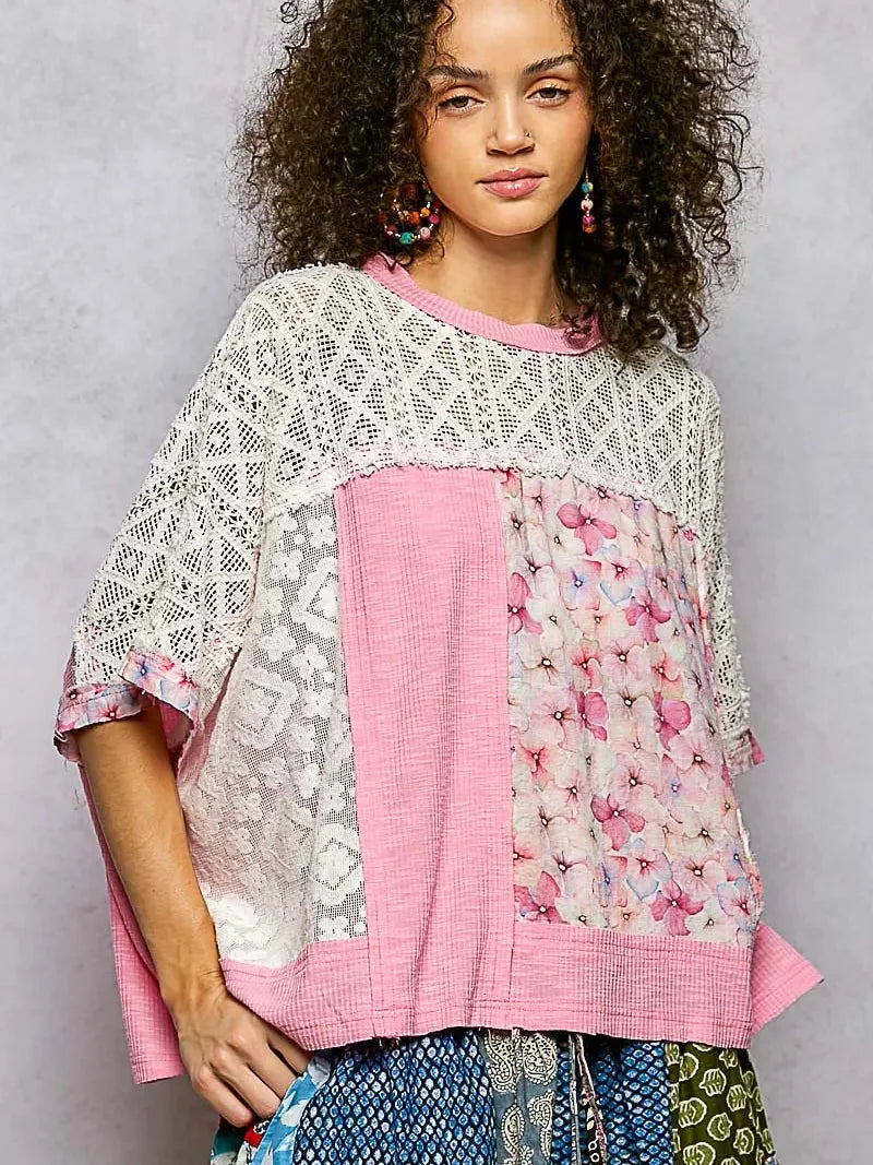 POL Petals Unfinished Patchwork Floral Lace Blouse in Pink-Women's Shirts & Tops-Shop Z & Joxa