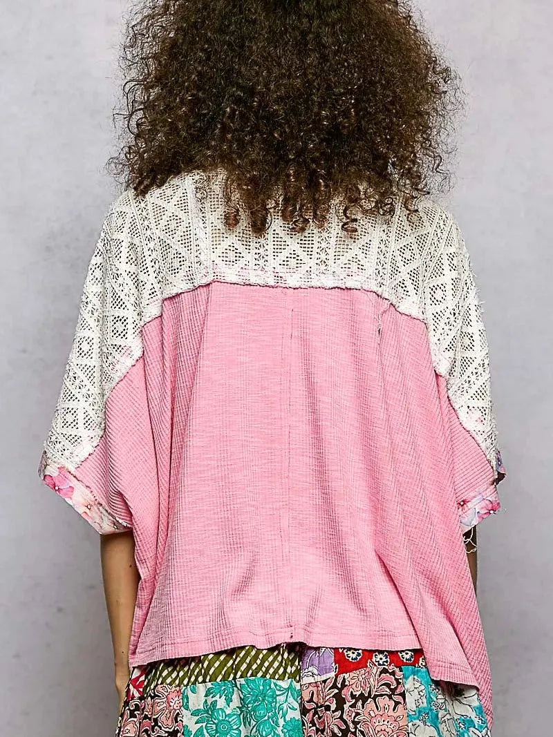 POL Petals Unfinished Patchwork Floral Lace Blouse in Pink-Women's Shirts & Tops-Shop Z & Joxa