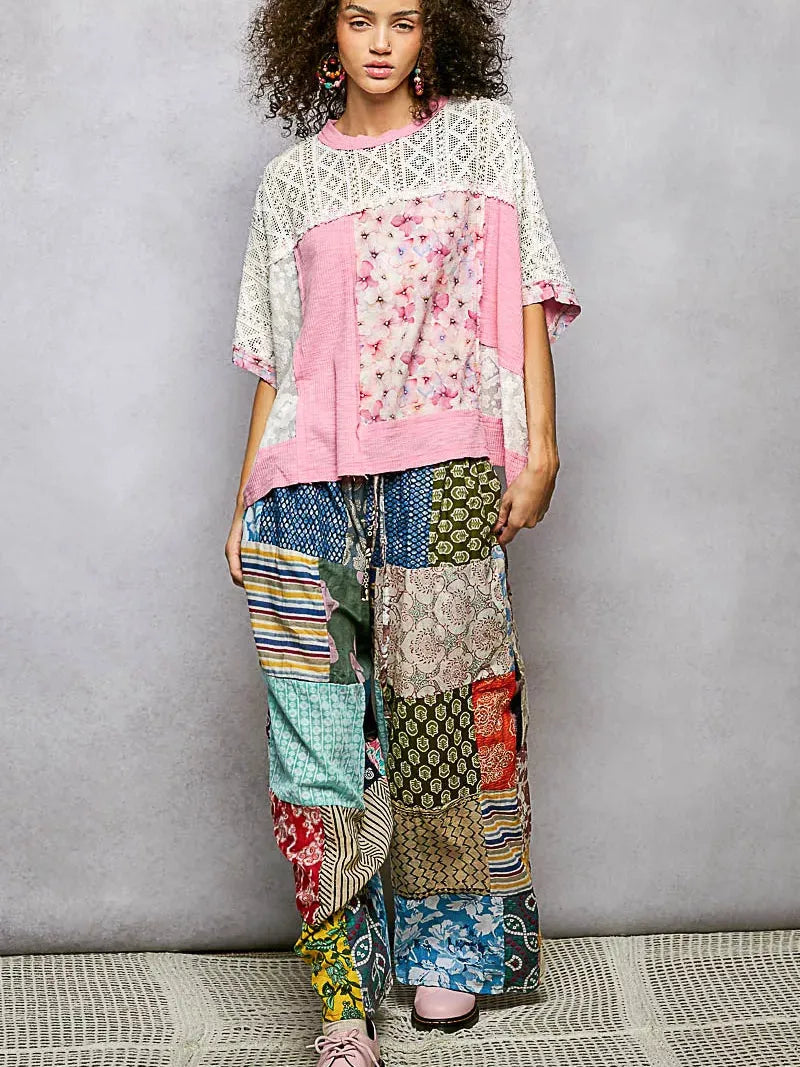 POL Petals Unfinished Patchwork Floral Lace Blouse in Pink-Women's Shirts & Tops-Shop Z & Joxa