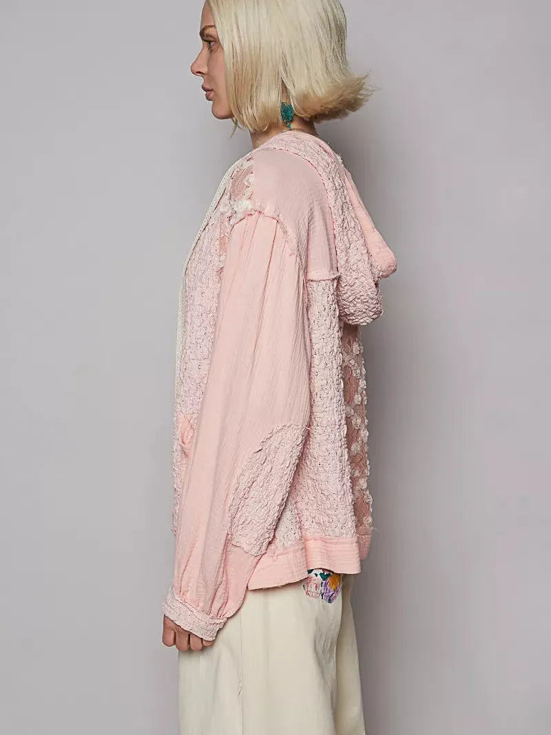 POL Pink Lace Exposed Seam Lace Detail Hooded Jacket-Coats & Jackets-Shop Z & Joxa