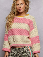 POL Pink Stripe Delight Striped Long Sleeve Cable Knit Sweater-Women's Shirts & Tops-Shop Z & Joxa