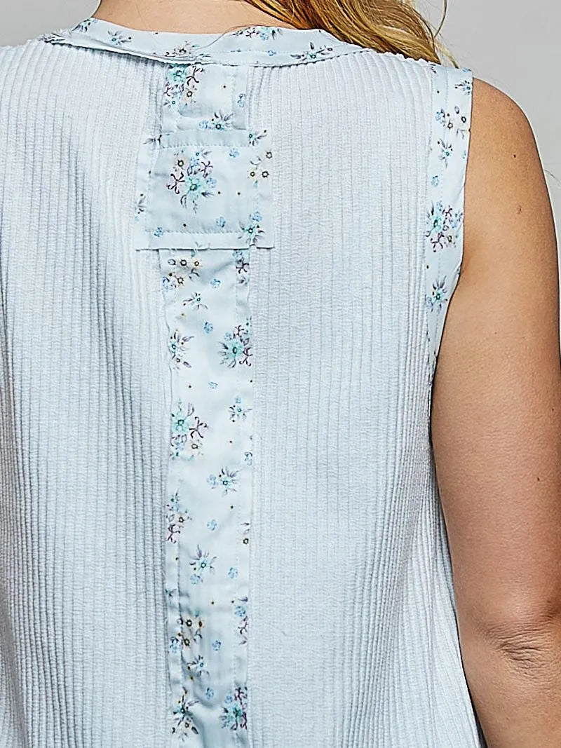 POL Powder Patchwork Ribbed Floral Tank with Ruffle Accents-Women's Shirts & Tops-Shop Z & Joxa
