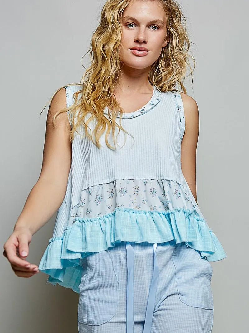 POL Powder Patchwork Ribbed Floral Tank with Ruffle Accents-Women's Shirts & Tops-Shop Z & Joxa